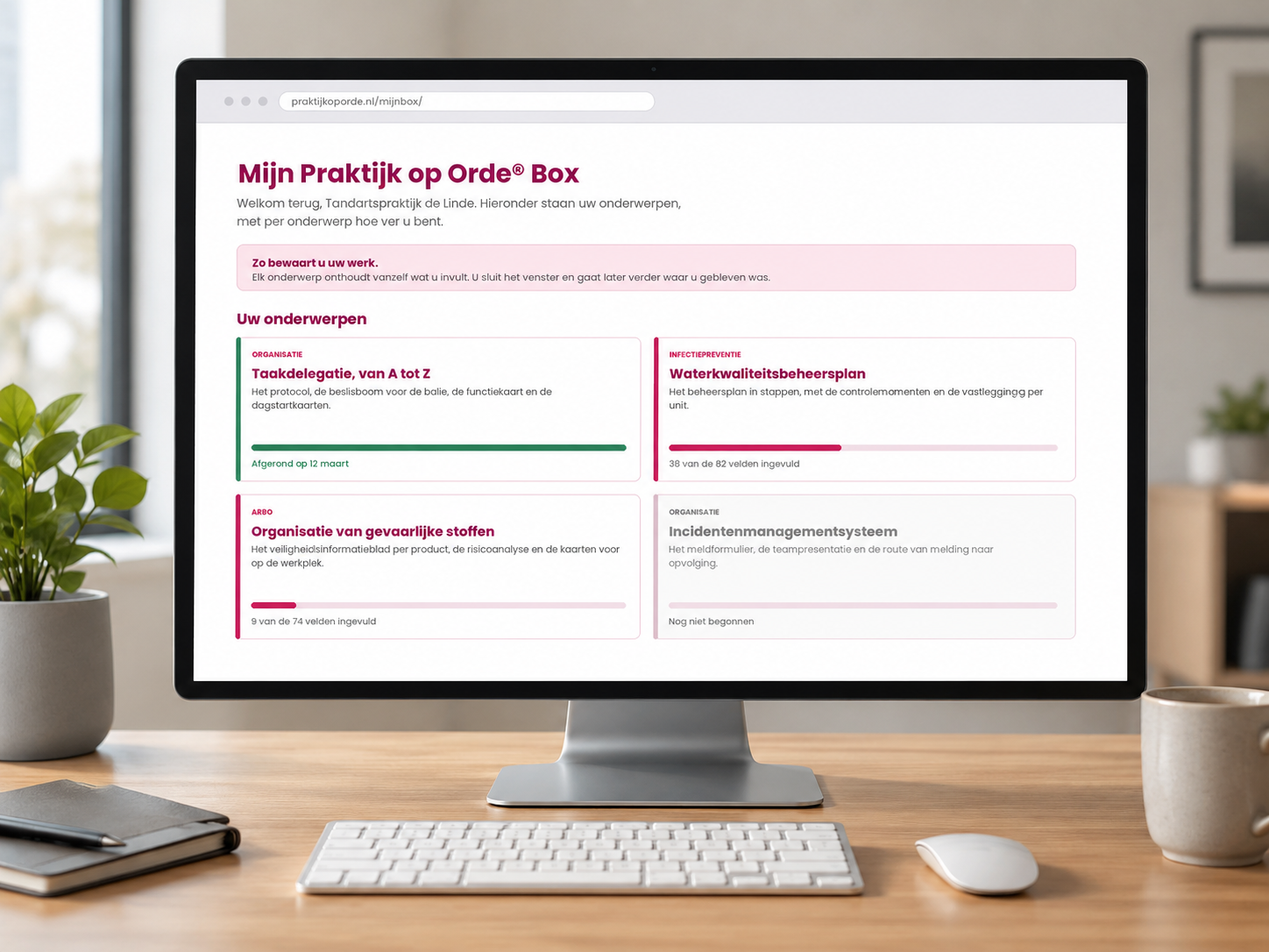 Mijn Praktijk op Orde Box op een computerscherm, met de onderwerpen en de voortgang per onderwerp